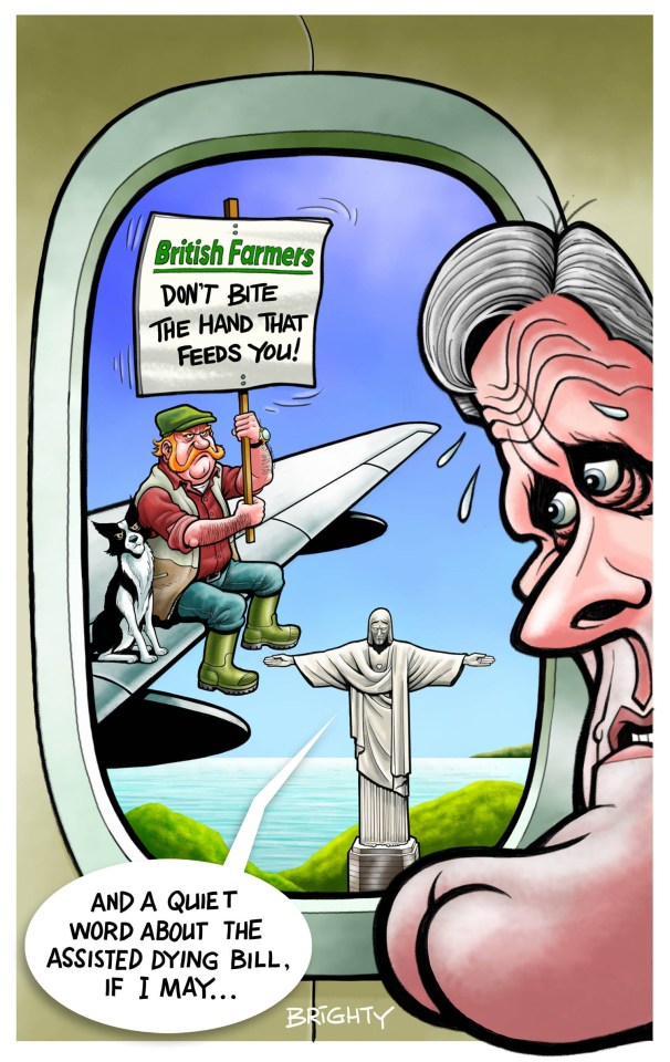 a cartoon of a man holding a sign that says british farmers