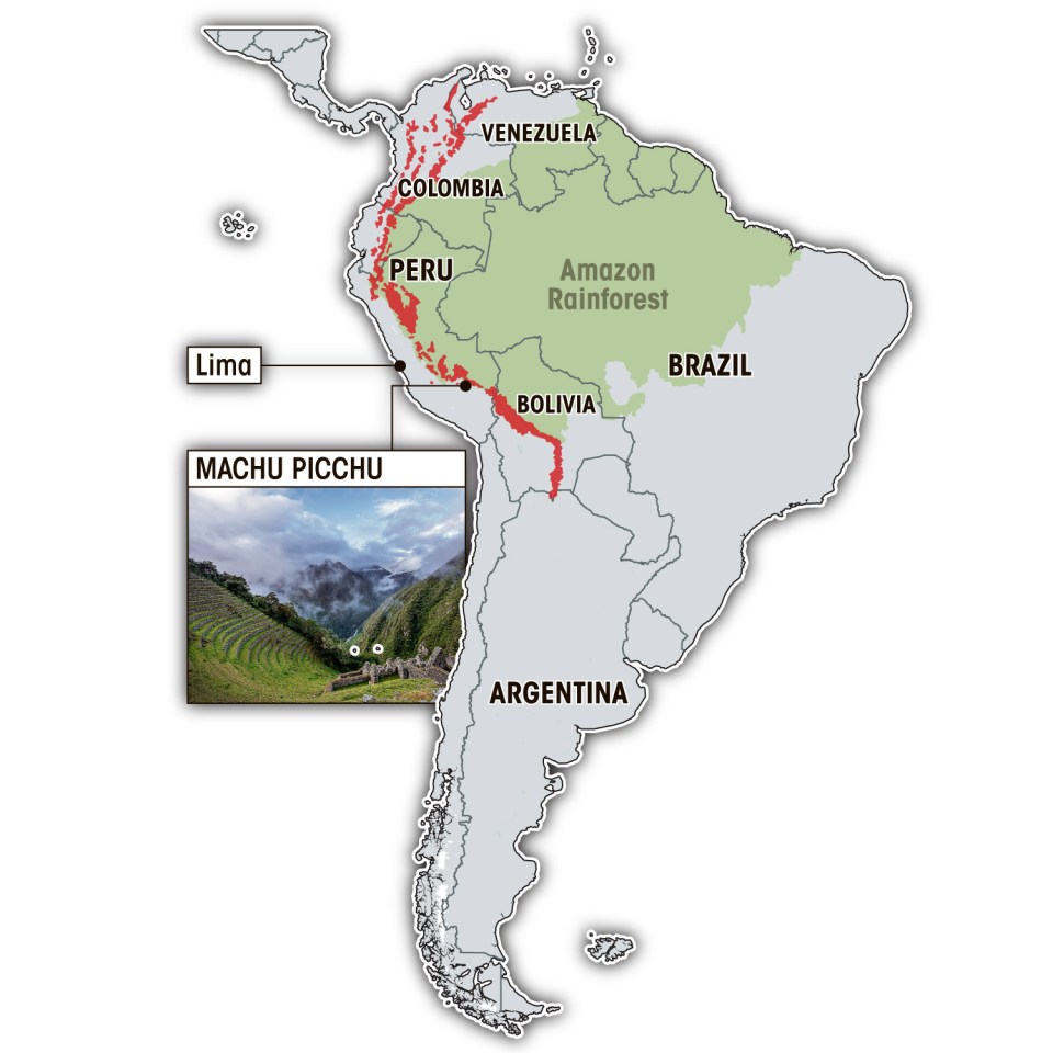 a map of south america shows the location of machu picchu