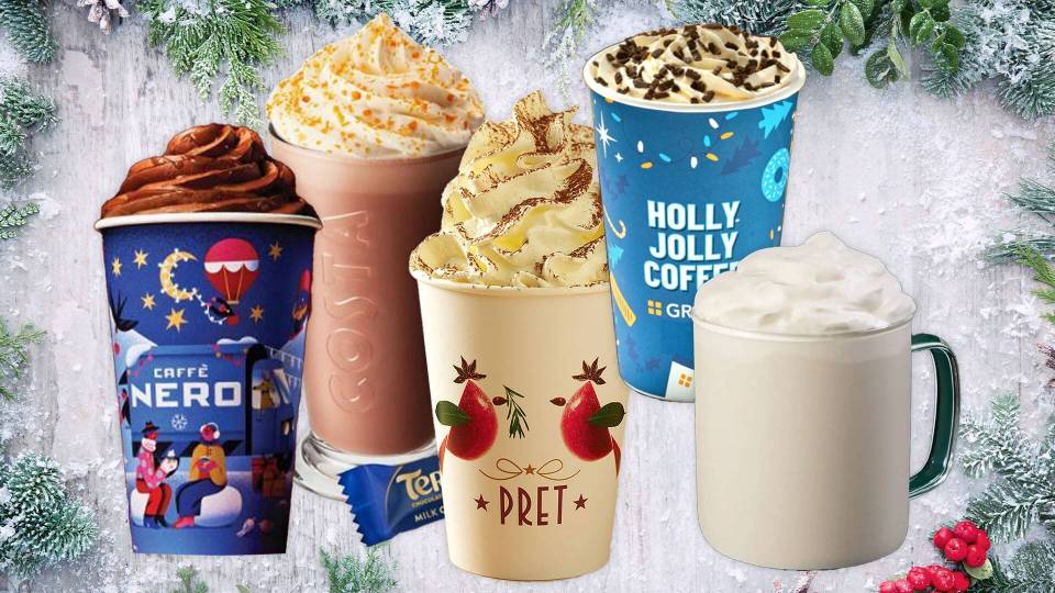 a caffe nero cup sits next to a holly jolly coffee cup