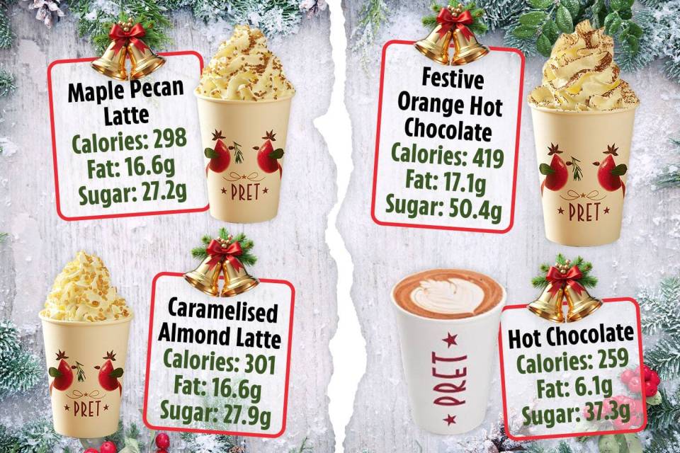 a maple pecan latte and caramelised almond latte are shown