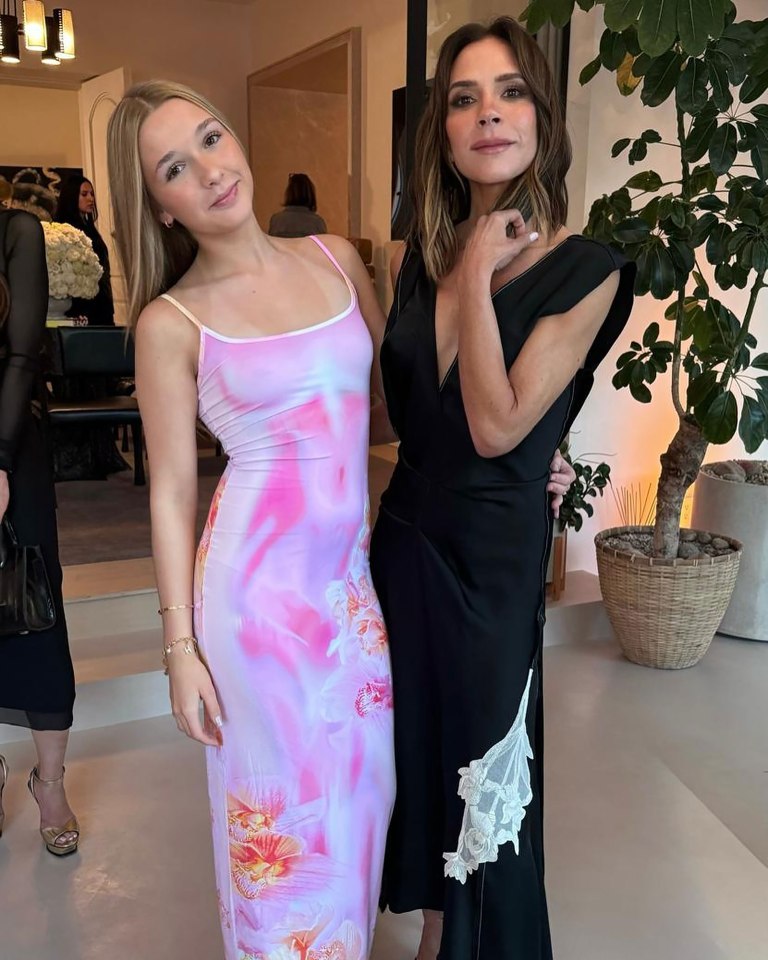 a woman in a pink dress stands next to a woman in a black dress
