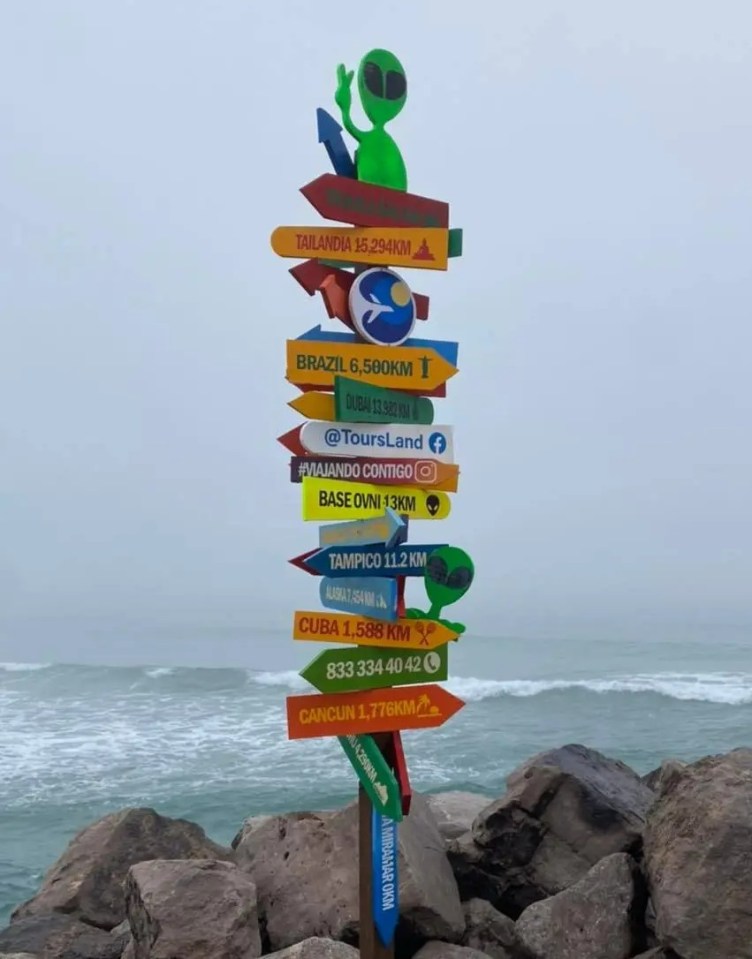 Signpost with distances to various locations, including an alien-themed one.