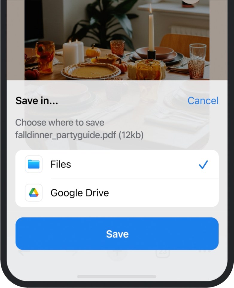 a phone screen that says save in choose where to save falldinner_partyguide.pdf