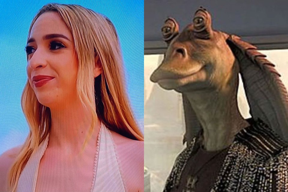 a woman next to a picture of a cartoon character