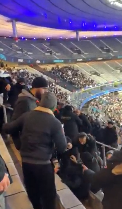 a crowd of people are standing in the stands of a stadium .