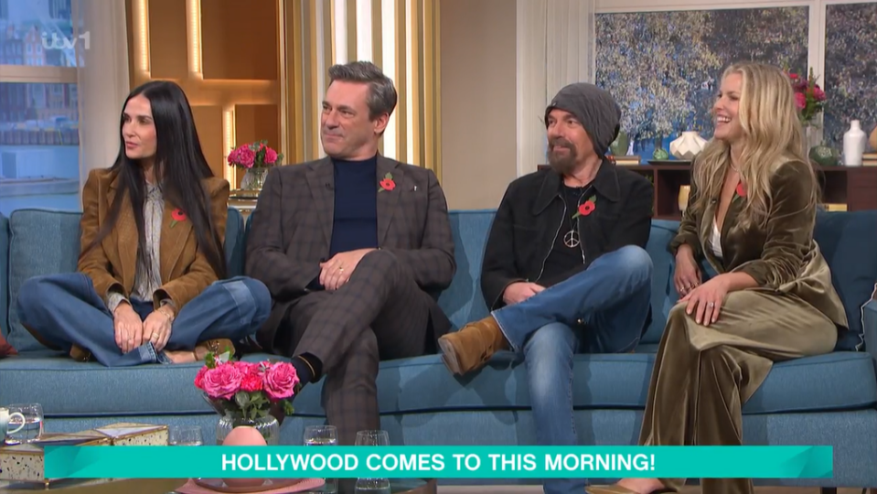 a group of people sitting on a couch with the caption hollywood comes to this morning