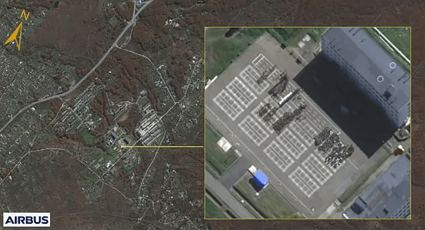 an aerial view of an airbus aircraft maintenance facility