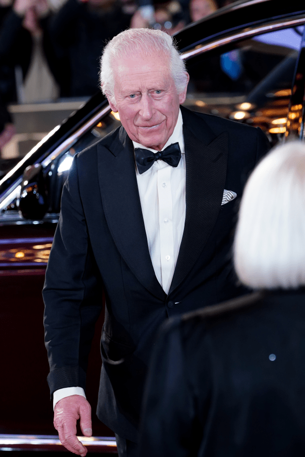 a man in a tuxedo stands in front of a car