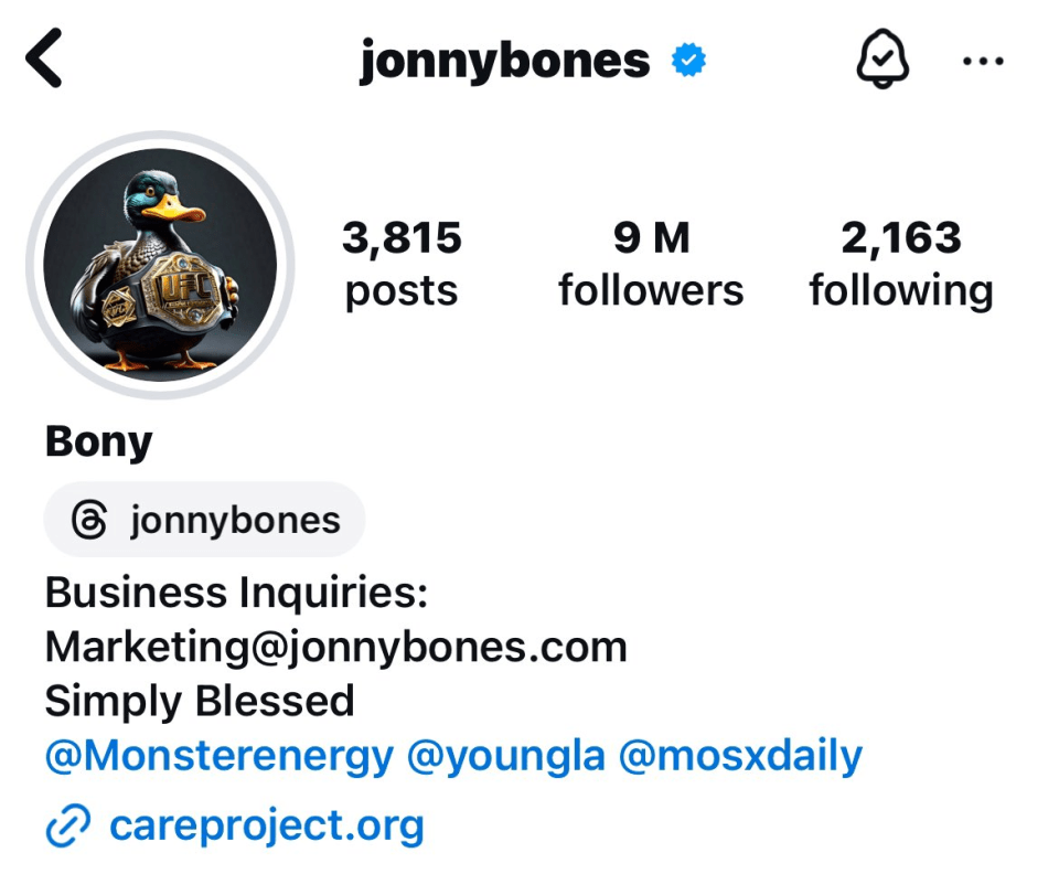 a facebook page for jonnybones has 3,815 posts and 9 m followers