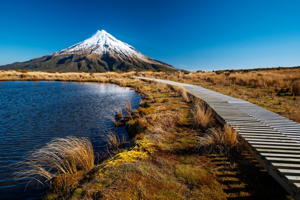 a wooden walkway leading to a lake with a mountain in the background