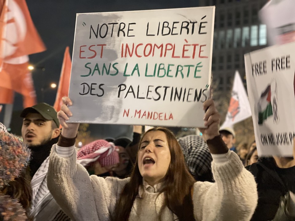 a woman holds up a sign that says notre liberte est incomplete sans la liberte des palestiniens