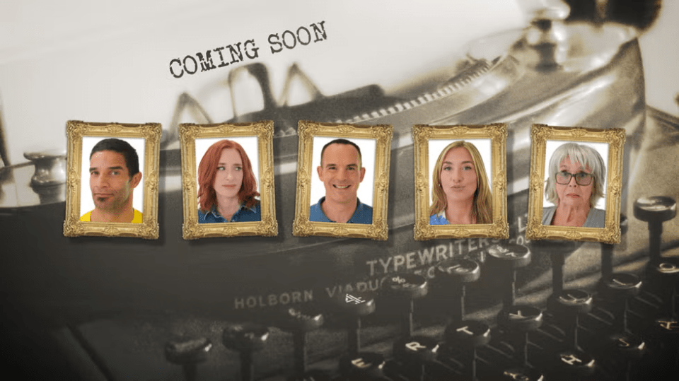 a group of people are standing in front of a typewriter that says coming soon