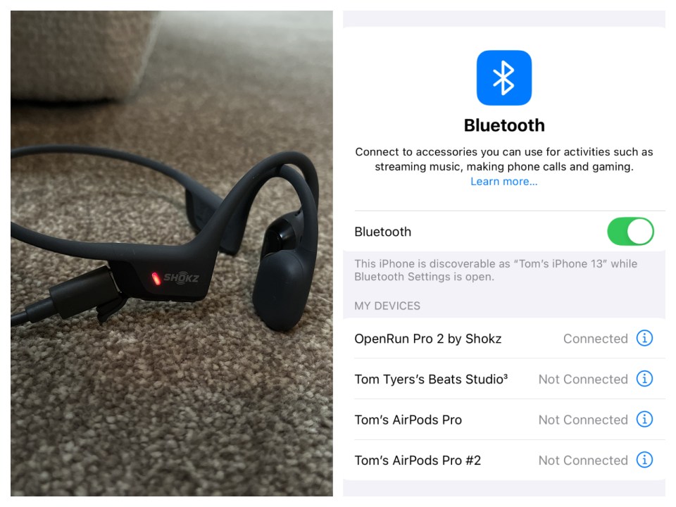 A pair of Shokz headphones next to a Bluetooth settings page
