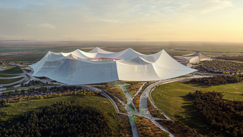 Aerial view of the proposed 115,000-capacity Stade Hassan II in Casablanca, Morocco.