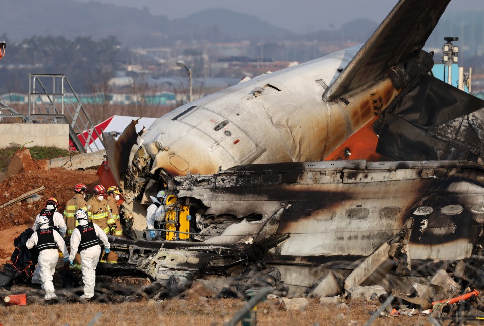 Emergency responders at the wreckage of a burned-out airplane.