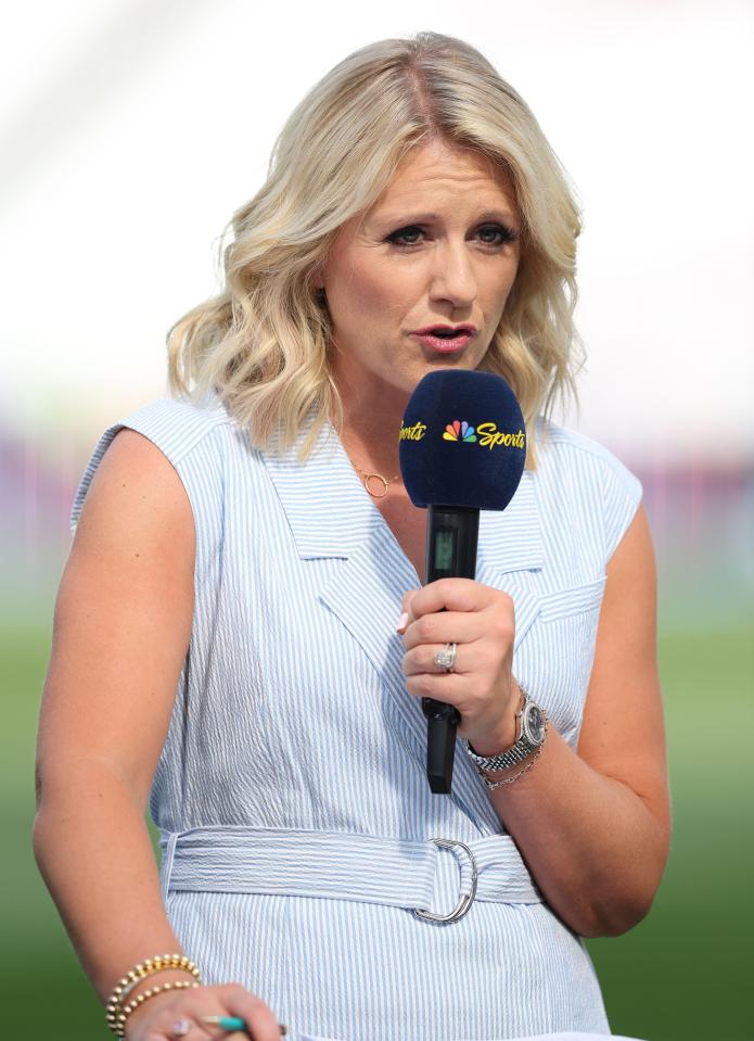 Rebecca Lowe, Peacock Sports TV presenter, speaks into a microphone.