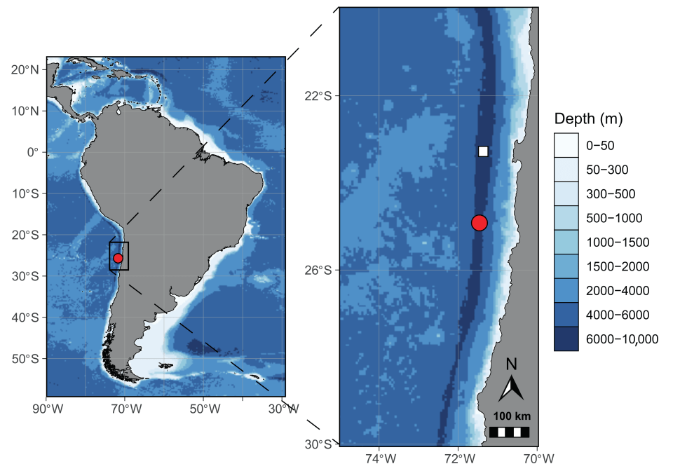 Map showing location and depth of deepest-ever filmed fish at 8,336 meters.