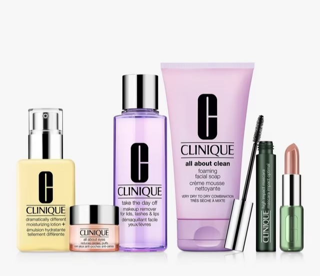 Clinique skincare and makeup set.