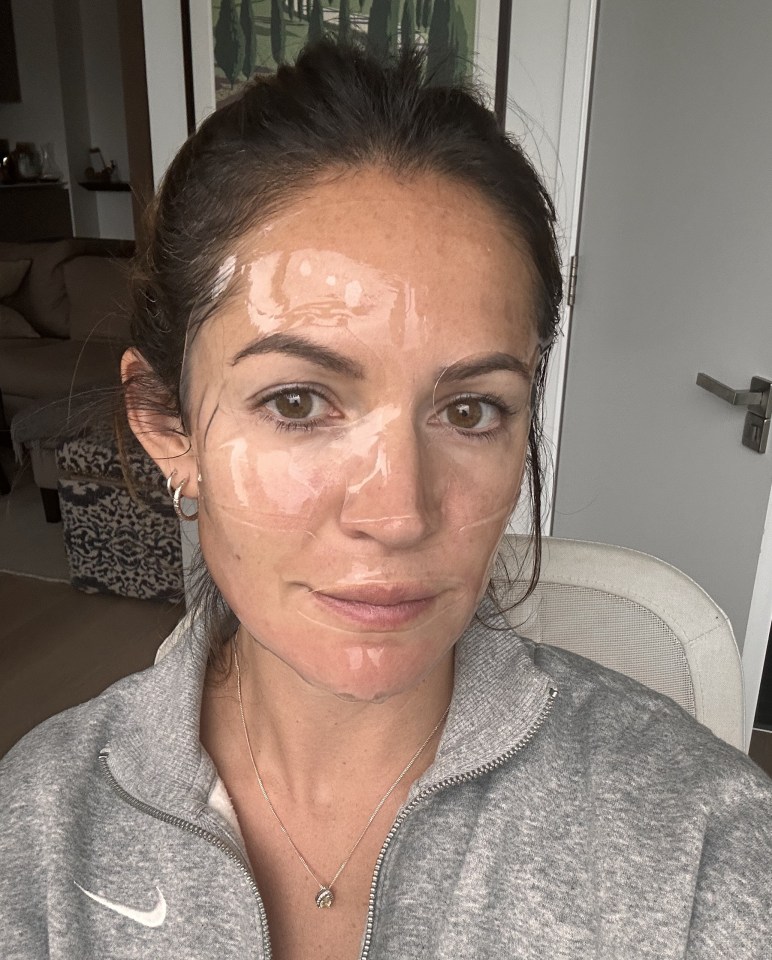 Woman wearing sheet masks for skin health.