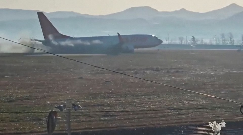 Jeju Air flight 7C2216 veering off the runway and emitting black smoke after landing at Muan International Airport.