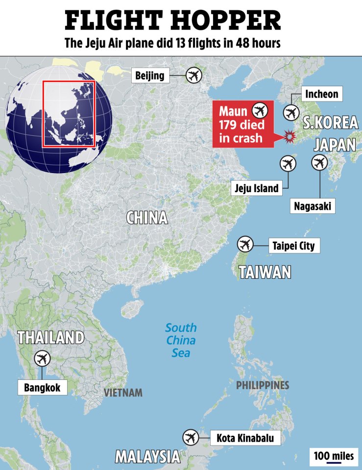 Map showing Jeju Air plane's 13 flights in 48 hours, with 179 deaths in a crash near Jeju Island.