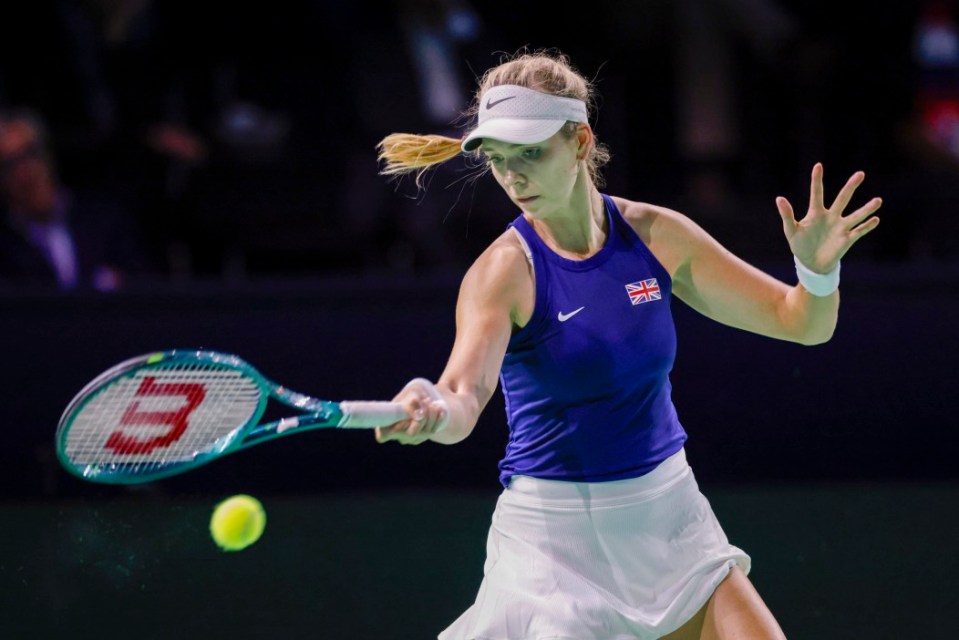 MALAGA, SPAIN - NOVEMBER 19: Katie Boulter of Great Britain plays a forehand during to the Billie Jean King Cup Finals at Palacio de Deportes Jose Maria Martin Carpena on November 19, 2024 in Malaga, Spain. (Photo by MB Media/Getty Images)