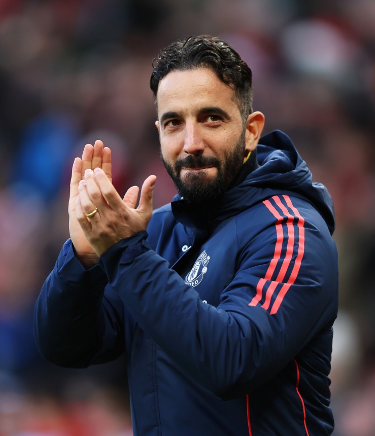 MANCHESTER, ENGLAND - DECEMBER 22: Ruben Amorim, Manager of Manchester United, acknowledges the crowd during the Premier League match between Manchester United FC and AFC Bournemouth at Old Trafford on December 22, 2024 in Manchester, England. (Photo by Matt McNulty/Getty Images)