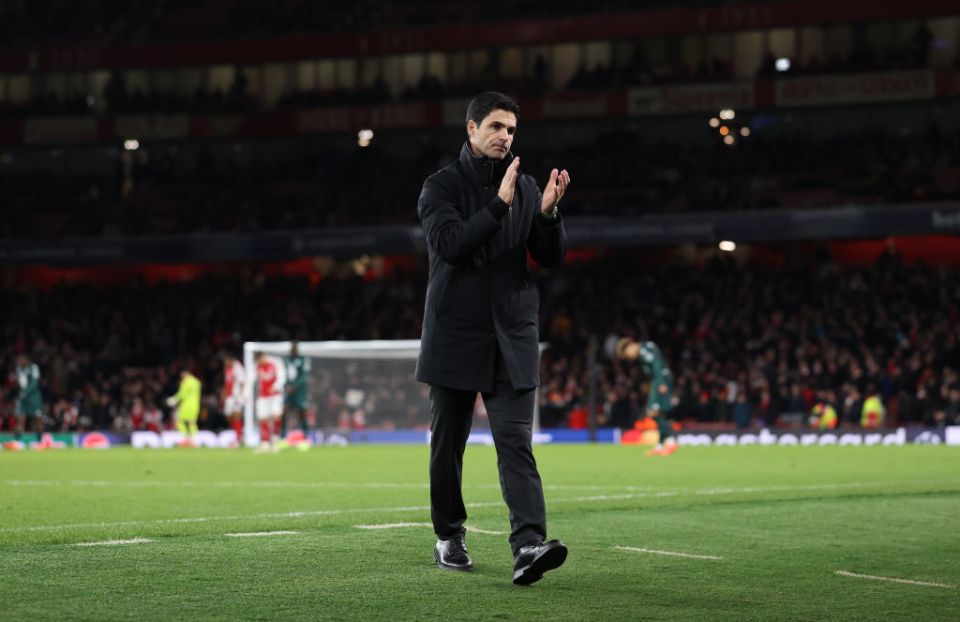 LONDON, ENGLAND - DECEMBER 11: Mikel Arteta, Manager of Arsenal, applauds the fans after the UEFA Champions League 2024/25 League Phase MD6 match between Arsenal FC and AS Monaco at Emirates Stadium on December 11, 2024 in London, England. (Photo by Julian Finney - UEFA/UEFA via Getty Images)