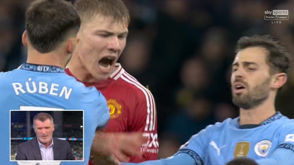 A heated confrontation between soccer players, with a commentator shown in an inset.