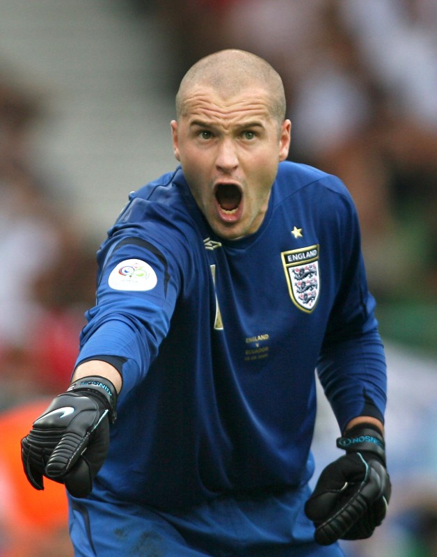 ENGLAND (1) - (0) EQUADOR. English goalkeeper Paul Robinson reacts and gestures during the round of 16 World Cup football match between England and Ecuador at Stuttgart's Gottlieb-Daimler Stadium, 25 June 2006. David Beckham fired his team into the World Cup quarter-finals here, scoring the only goal in a 1-0 victory over Ecuador. AFP PHOTO / ADRIAN DENNIS (Photo credit should read ADRIAN DENNIS/AFP/Getty Images).<br />
WorldCup2006