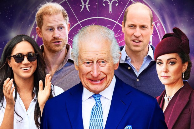 King Charles III, Prince William, Kate Middleton, Prince Harry, and Meghan Markle pictured with a zodiac chart in the background.