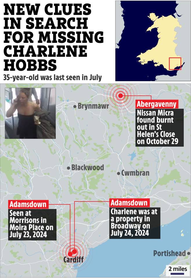Map showing locations relevant to the search for missing Charlene Hobbs.