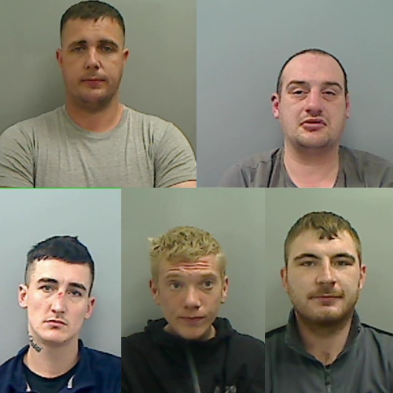Mugshots of five men sentenced for attacking police officers.