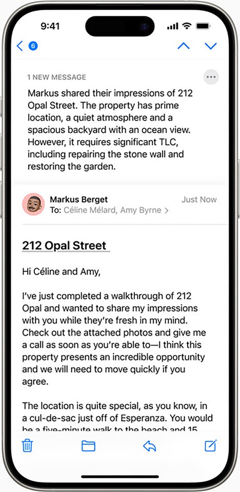 iPhone screen showing a message about 212 Opal Street, describing its features and location.