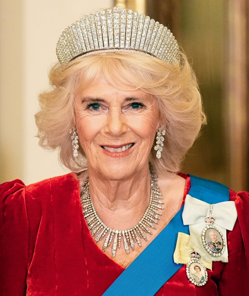 Queen Camilla at a state banquet at Buckingham Palace.