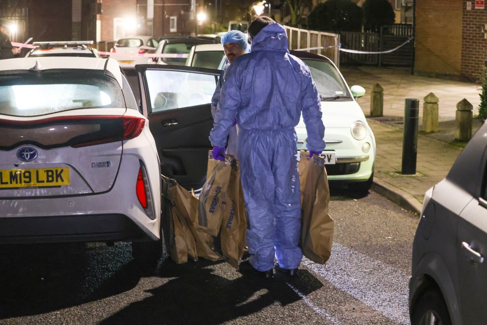 Forensic officers collecting evidence at a triple shooting crime scene.