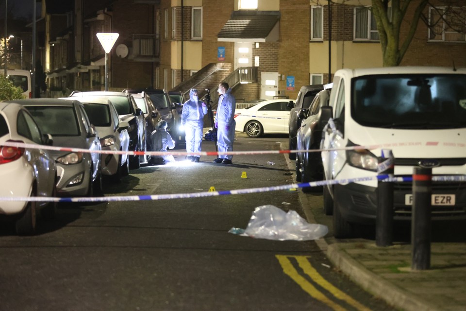 Crime scene investigators at a triple shooting.