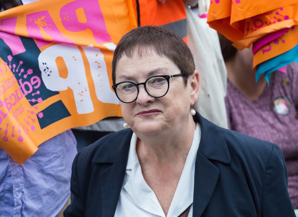 Dr. Mary Bousted at a teachers' strike rally in Parliament Square, demanding a fully funded pay rise above inflation.