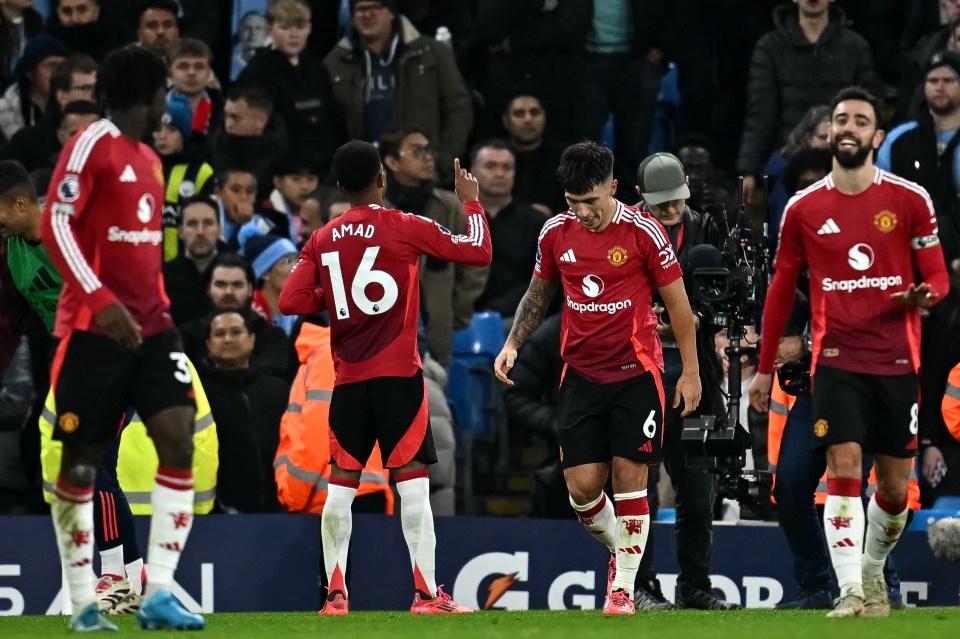 Manchester United players celebrating a goal.