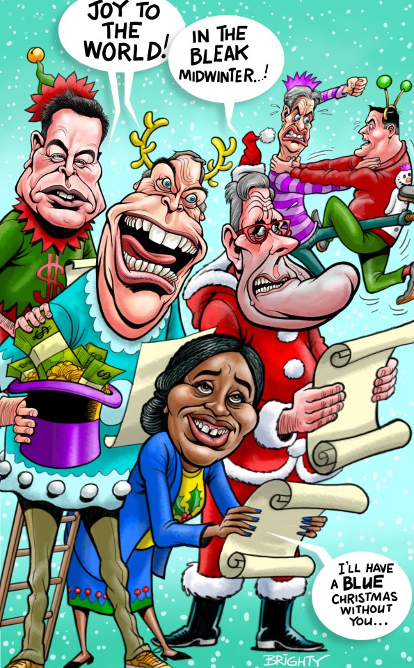 Caricature of politicians in Christmas attire; some are fighting.