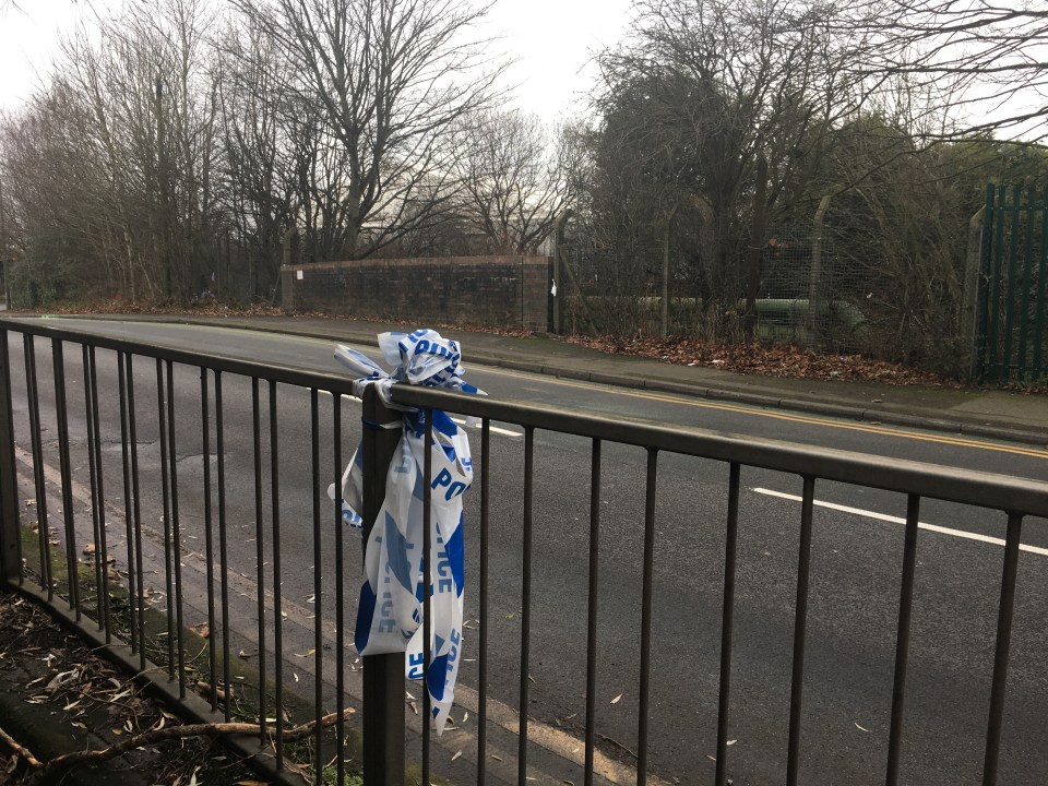 Police tape on a railing near the site of a fatal accident involving a stolen Porsche and a Toyota.