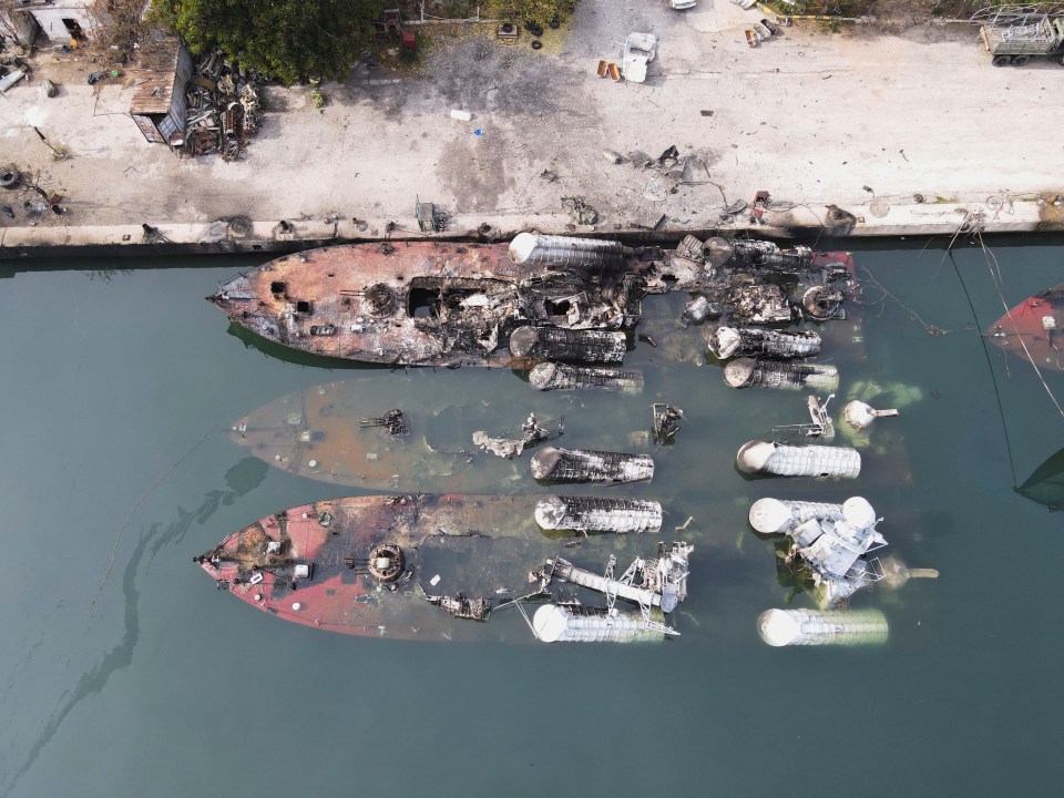 Drone view of damaged ships at the Latakia port.