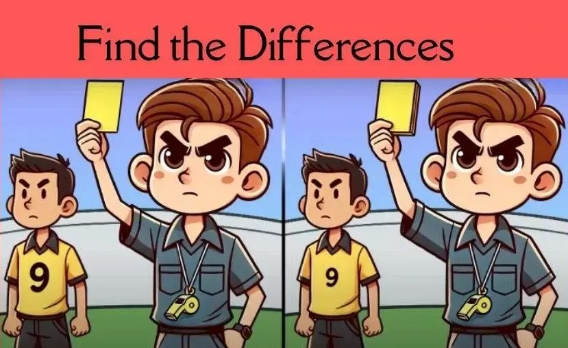 Find the differences between two nearly identical images of a referee showing a yellow card to a soccer player.