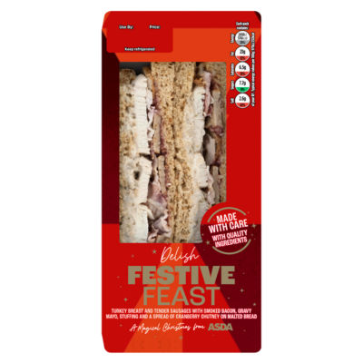 Asda Festive Feast sandwich: turkey breast, sausages, smoked bacon, gravy, stuffing, and cranberry chutney on malted bread.