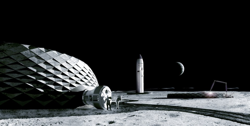 Illustration of astronauts on the moon near a lunar habitat, rocket, and rover.