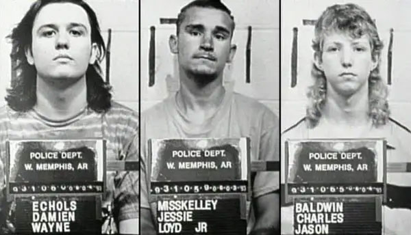 Mugshots of Damien Wayne Echols, Jessie Loyd Misskelley Jr., and Jason Charles Baldwin.