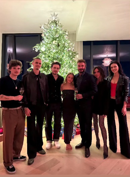 The Beckham family and friends posing for a Christmas photo in front of a large decorated tree.