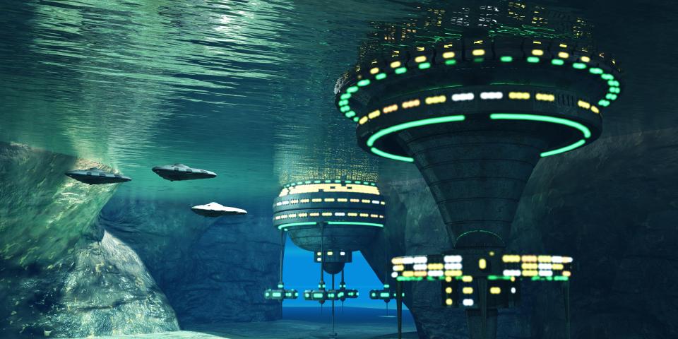 Spaceships departing from an underwater alien city.