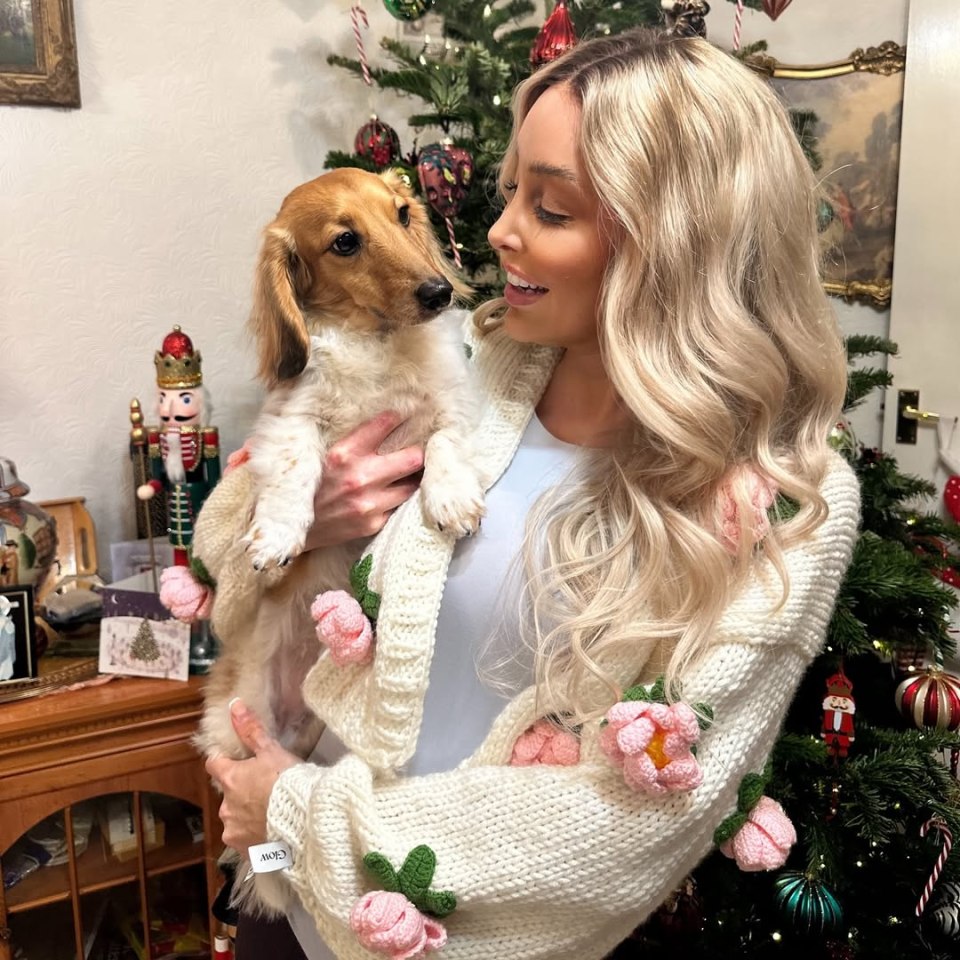Ella Morgan holding a small dog in front of a Christmas tree.