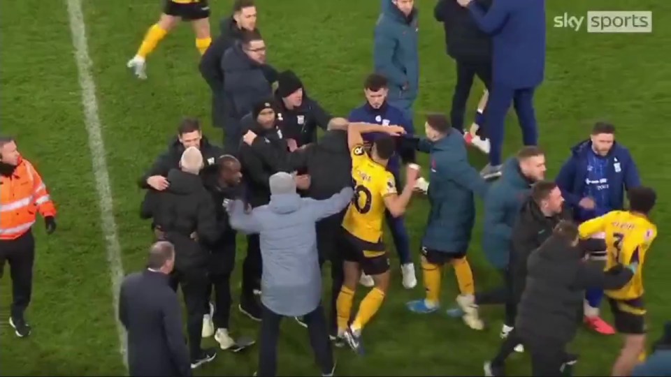 Matheus Cunha of Wolverhampton Wanderers elbowing an Ipswich Town security guard after a game.